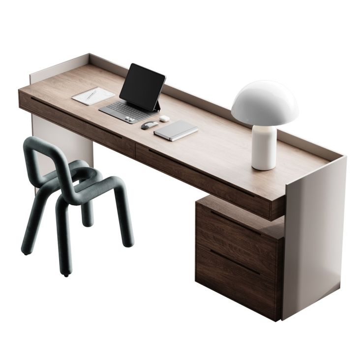 an office desk with a chair, laptop and lamp next to it on top of the desk