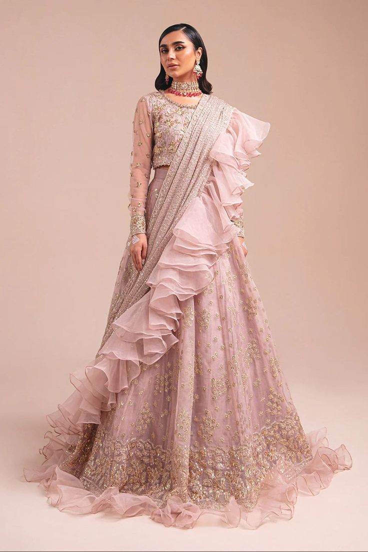 Delicately embroidered lehanga and handworked choli paired with sequinned ruffled organza and chiffon dupatta. Delivery time: 5 weeks Wedding Dress Lehenga, Sitara Work, Dress Lehenga, Pakistani Lehenga, Lehenga Dress, Asian Clothes, Choli Dress, Pakistani Wedding Dress, Elegant Baby