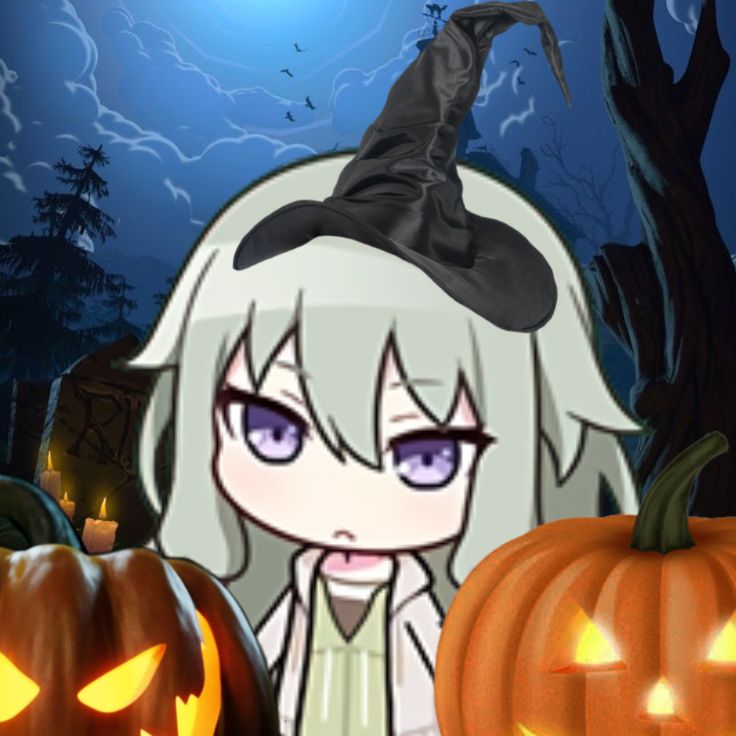 a cartoon girl with white hair and blue eyes wearing a witches hat next to pumpkins