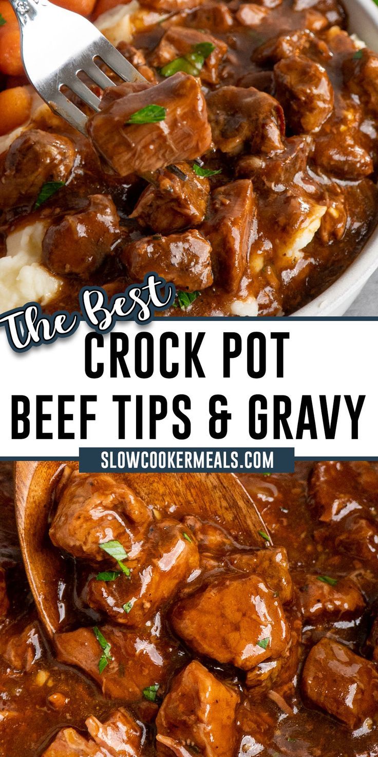 Close up of beef tips and gravy in a crock pot. Crockpot Beef Tips And Gravy, Crock Pot Stew Meat Recipes, Crockpot Beef Tips, Crock Pot Beef Tips, Beef Tip Recipes, Crock Pot Beef, Beef Tips And Gravy, Crockpot Stew, Easy Crockpot Dinners