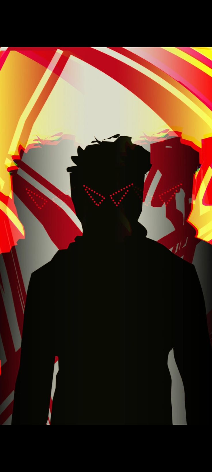 the silhouette of a man in front of a red and yellow background with an abstract design