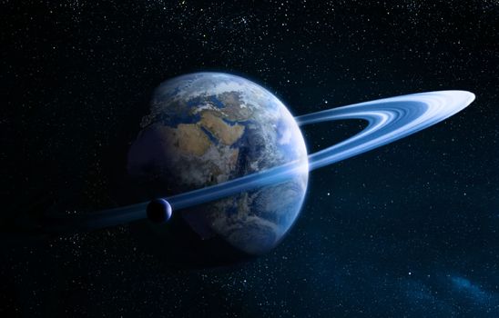 an artist's rendering of the planet saturn with its rings and stars in the background