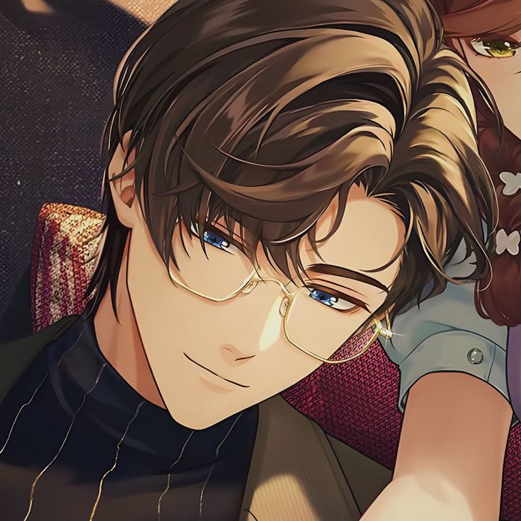 two anime characters one with glasses and the other with brown hair, are looking at something