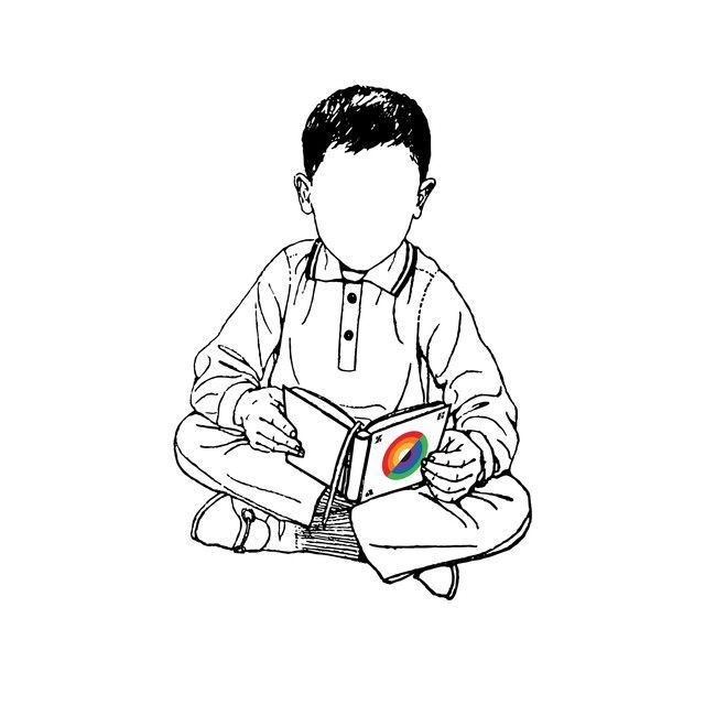 a person sitting on the ground with a book in their hands and an image of a child reading