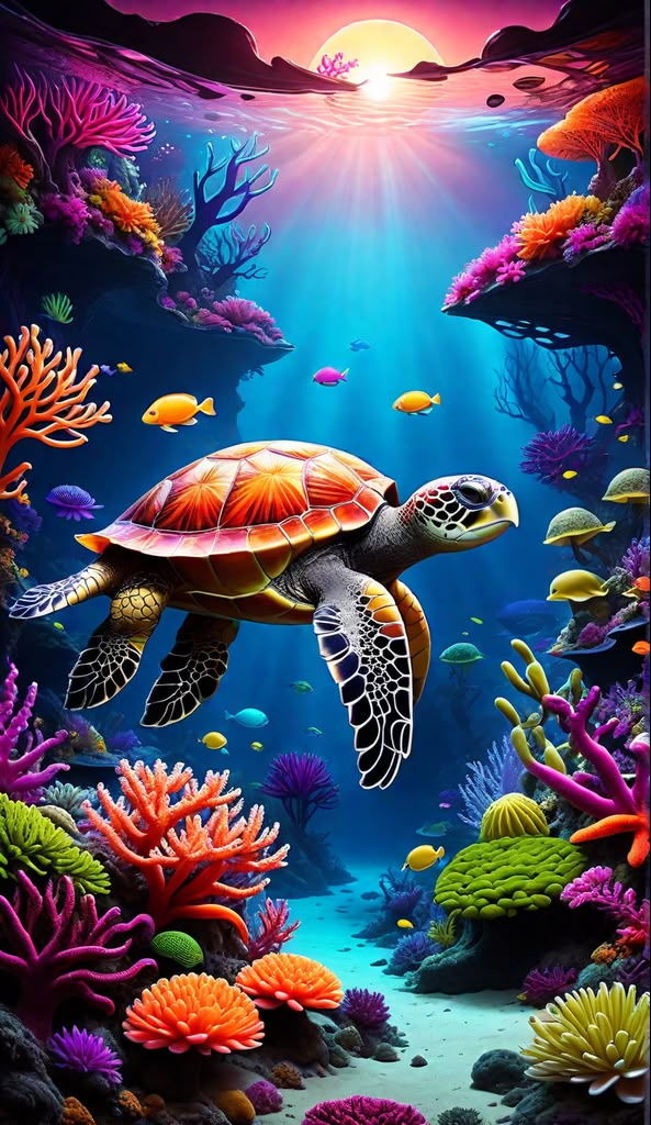 a painting of a sea turtle swimming in the ocean with corals and other marine life