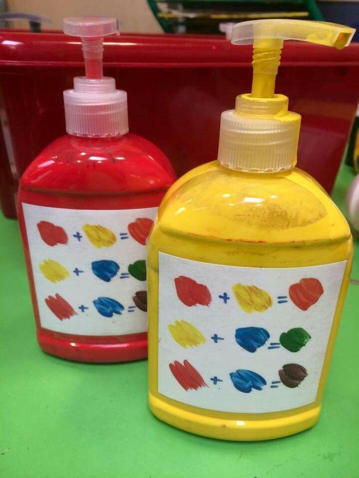 two hand soaps are sitting next to each other on a table with red and yellow containers