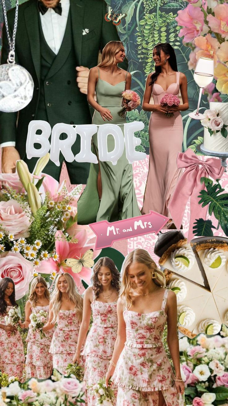 a collage of people dressed in pink and green, including two women wearing dresses