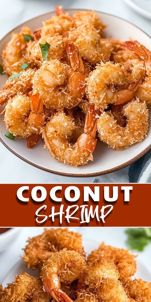 coconut shrimp is served on a white plate and garnished with parmesan