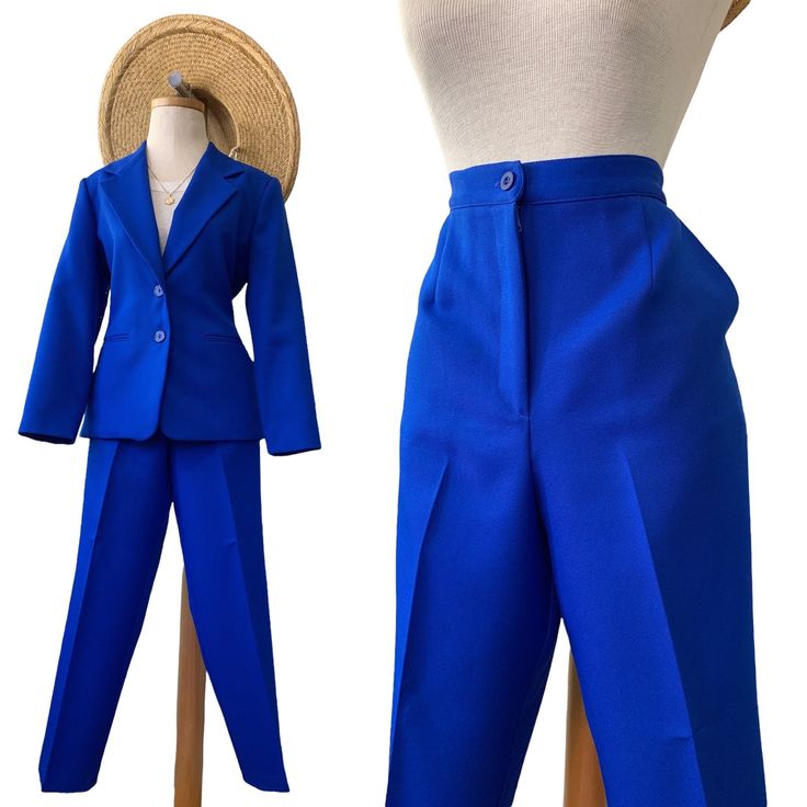 "Royal Blue Woven Pant Suit (2 piece)  Can be worn by many ages  Measurements 👇🏼 Size: Pants (12 P)  Measurements Waist: 31\" Inseam: 27\"  (at the ankle) Rise: 13.5\" Size: Blazer (8P) Measurements Length: 27\" Armpit to Armpit: 20\" This color is absolutely STUNNING. Statement Suit with the WOW AFFECT. A MUST Have!  Pants have pockets.  Waist has an elastic waist on the back for extra Give.  Perfectly Lined. Excellent Craftsmanship.  Ready to wear !" Blue High Waist Sets For Spring, Tailored Blue Sets For Spring, Blue Straight Leg Spring Pantsuit, Blue Straight Leg Pantsuit For Spring, Blue Trousers Sets For Spring, Tailored Blue Pantsuit For Spring, Blue Tailored Pantsuit For Spring, Fitted Blue Sets With Straight Pants, Blue Fitted Sets With Straight Pants