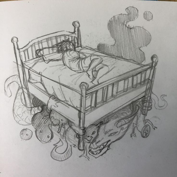 a drawing of a child's bed with an animal on the ground next to it