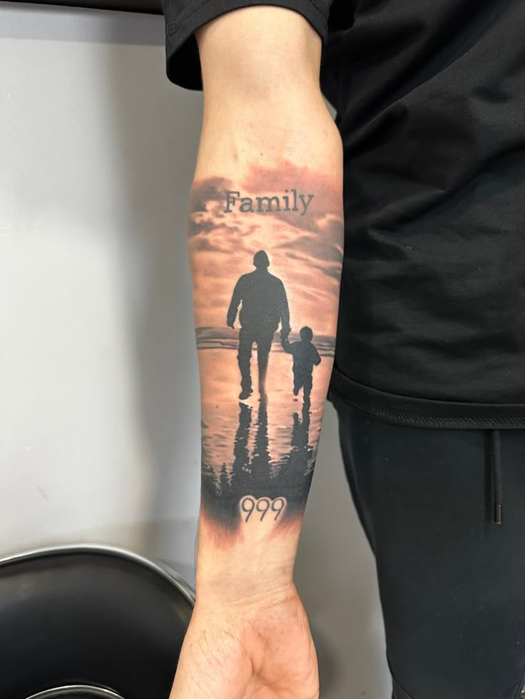 Mom And Son Walking Tattoo, Family Walking Tattoo, Father Daughter Silhouette Tattoo, Tattoo Father And Son, Dad And Son Tattoo, Cloud Shading, Father And Son Tattoo, Tattoo Father, Grandfather Tattoo