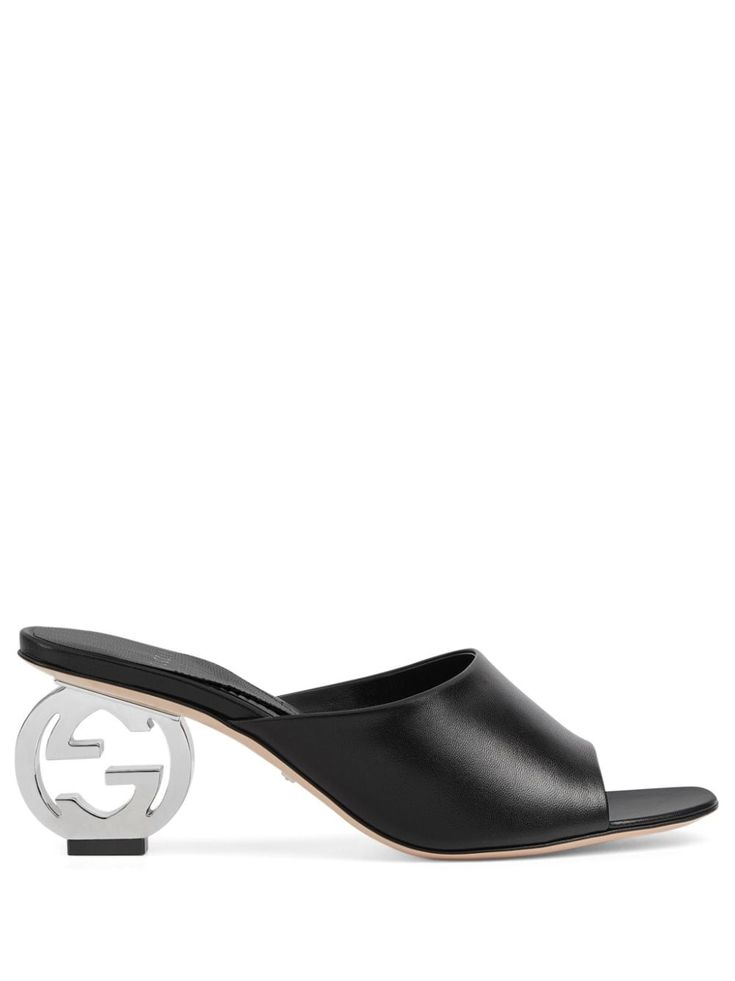 black calf leather silver-tone Interlocking G-shaped heel slip-on style open toe branded footbed 65mm sculpted heel Aldo Gucci, Black Leather Mules, Heel Mules, Leather Mules, Leather Silver, Gucci Black, Smooth Leather, Calf Leather, Open Toe