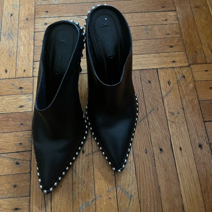 Alexander Want Studded Black Mules - Excellent Condition. Worn Twice Calf Leather Pointed Toe Mules For Evening, Designer Mules With Pointed Toe And Reinforced Heel, Designer Mules With Reinforced Heel And Pointed Toe, Party Calf Leather Pointed Toe Mules, Pointed Toe Calf Leather Party Mules, Pointed Toe Calf Leather Mules For Party, Luxury Leather Mules For Night Out, Designer Black Mules With Sculpted Heel, Black Studded Mules With Round Toe