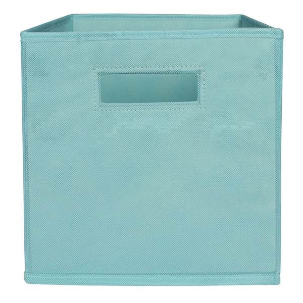 a light blue storage box with a pocket