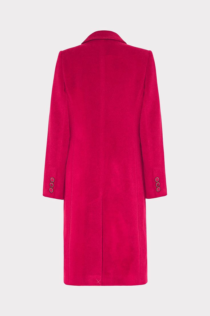 Stay warm in this hot pink wool blend coat. The playful hue is balanced by the classic cut, featuring a single breasted button and sleek lapel. Style it over a simple outfit for major contrast, or wear it over an equally eye-catching dress to keep your evening wear interesting, even as the weather cools. Classic Pink Winter Blazer, Classic Pink Outerwear With Double-breasted Button, Classic Pink Double-breasted Outerwear, Pink Notch Lapel Outerwear With Single Button, Winter Pink Formal Blazer, Pink Winter Formal Blazer, Pink Formal Winter Blazer, Tailored Pink Wool Blazer, Classic Pink Wool Outerwear