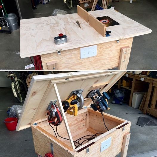 two pictures showing the inside of a wooden tool box with tools in it and an open drawer