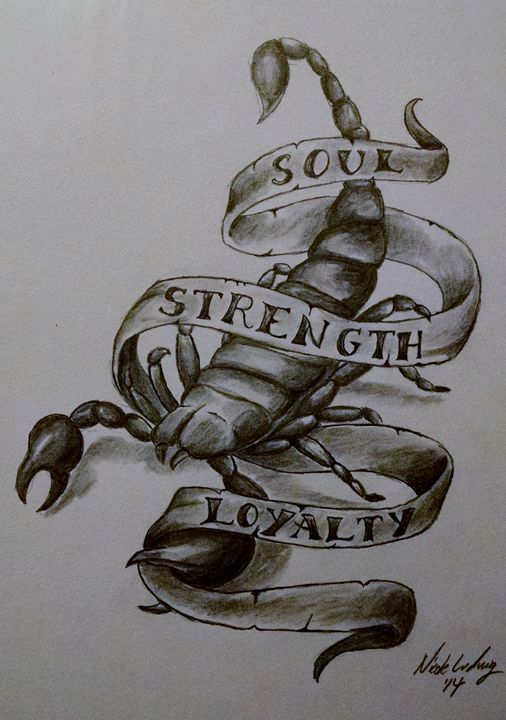 a drawing of a scorpion with the words strength and lopahy on it