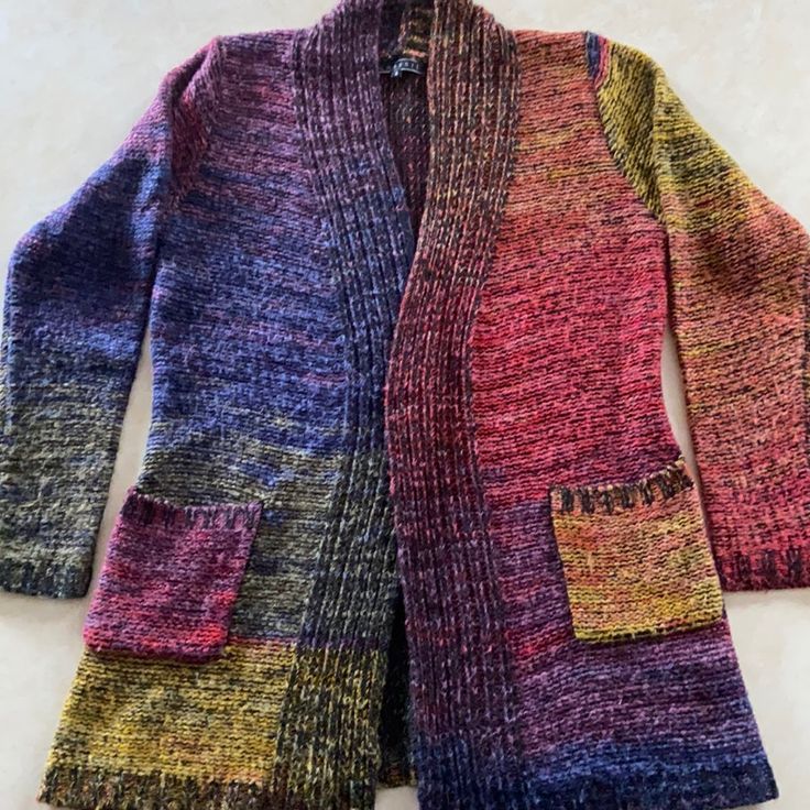 Rainbow Sweater Super Soft Open Front Cardigan With Pockets Size Small Multicolor Sweater Coat For Fall, Multicolor Long Sleeve Sweater Coat For Fall, Multicolor Knitted Outerwear For Layering, Multicolor Winter Cardigan For Layering, Winter Multicolor Cardigan For Layering, Multicolor Knitted Sweater Coat For Fall, Multicolor Wool Long Sleeve Cardigan, Multicolor Cardigan For Fall Layering, Cozy Multicolor Sweater Coat For Layering