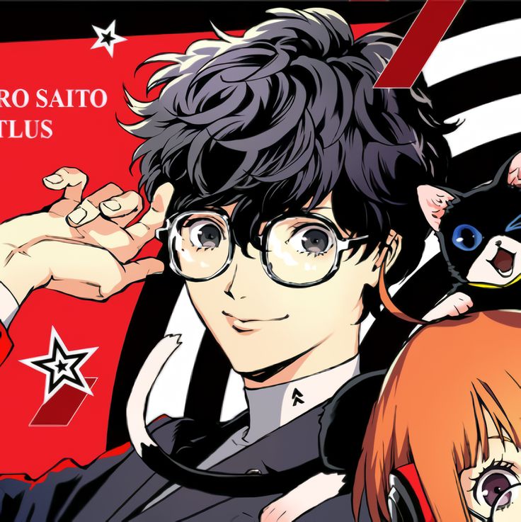 an anime character with glasses and a cat on his shoulder, next to another character