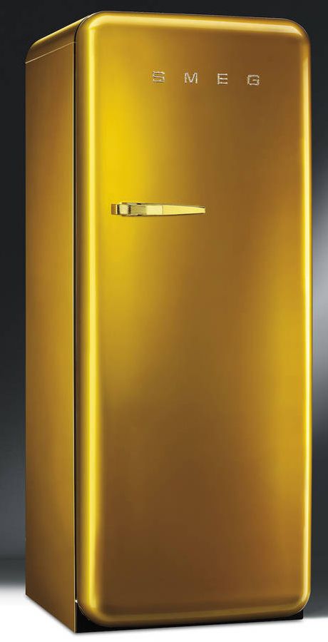 a shiny gold refrigerator with the door open