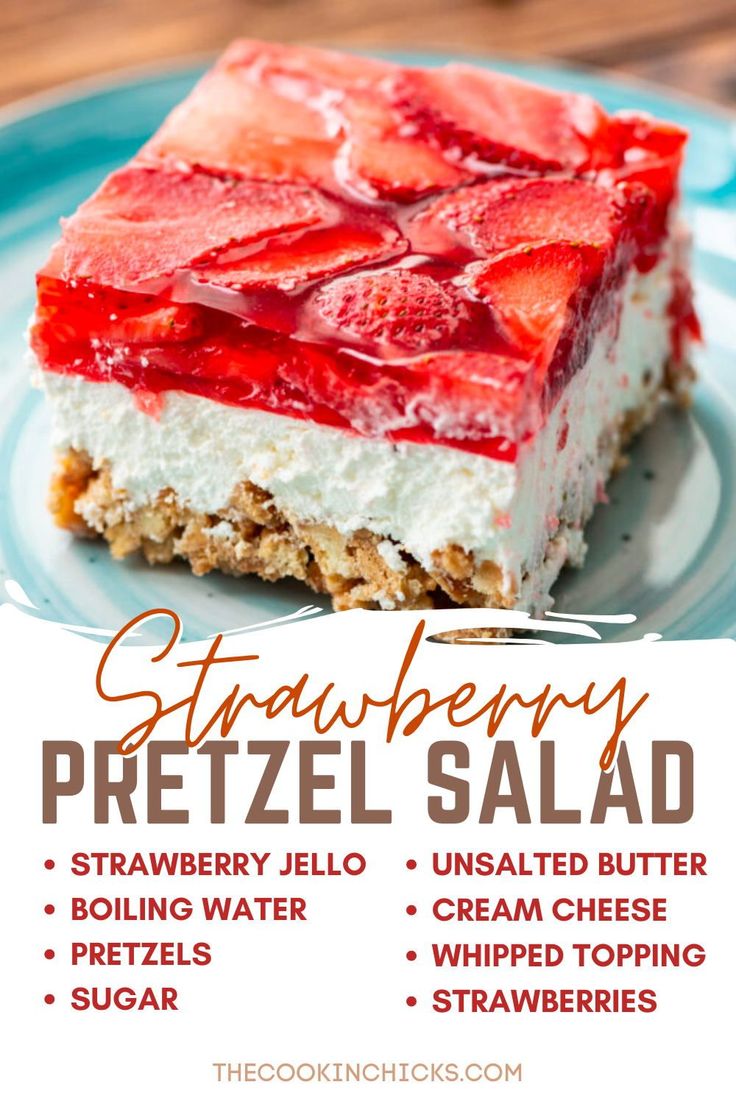 strawberry pretzel salad on a plate with text overlay