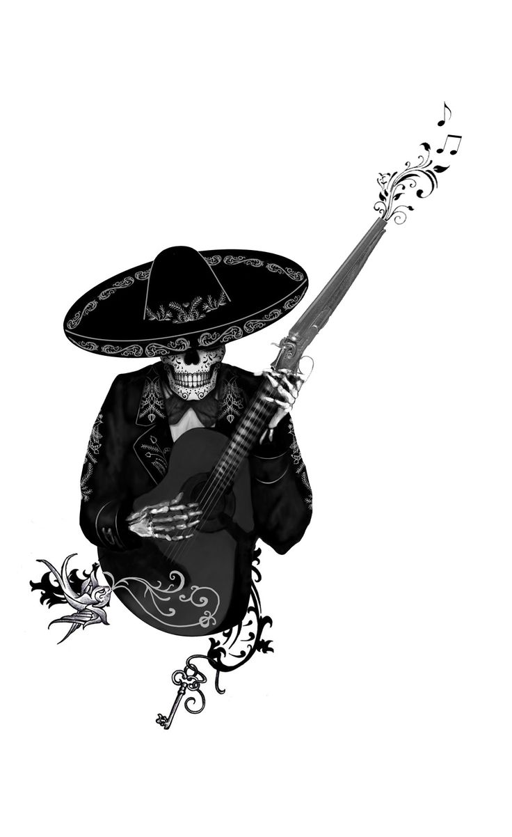 a skeleton with a mexican guitar and music notes on it's neck is wearing a sombrero