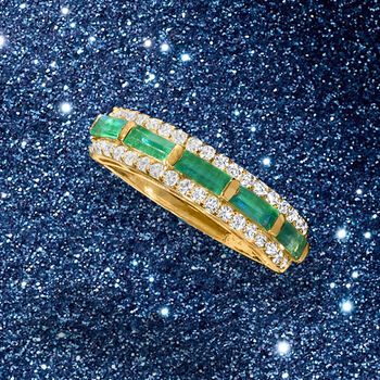 Ross-Simons - .80ct t. w. Emerald, .41ct t. w. Diamond Ring in 14kt Yellow Gold. Size 6. A gorgeous ring combines classic gemstones, creating a stunning design. Showcasing .80 ct. t. w. baguette emeralds bordered by dazzling .41 ct. t. w. diamonds in white rhodium. Set in polished 14kt yellow gold. 3/16" wide. Diamond and emerald ring. Emerald birthstones are the perfect gift for May birthdays. Diamond Emerald Ring With Pave Setting, Classic Half Eternity Emerald Ring, Emerald Diamond Ring With Pave Setting, Luxury Emerald Half Eternity Diamond Ring, Formal Emerald Ring With Pave Setting, Formal Round Cut Emerald Ring With Pave Setting, Luxury Channel Set Emerald Ring For Anniversary, Fine Jewelry Emerald Cut Diamond Ring With Pave Setting, Luxury Formal Emerald Ring With Channel Set