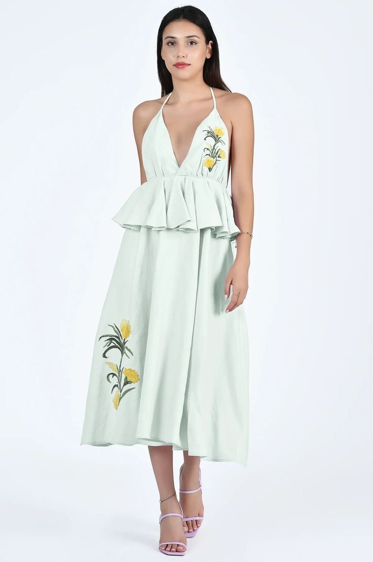 SHERRY DRESS | FANM MON (Wombman Collection) Spring V-neck Halter Dress For Garden Party, Spring V-neck Sundress Halter Dress, Chic Sleeveless Maxi Dress With Floral Embroidery, Chic Floral Embroidery Midi Dress For Brunch, Spring Sundress Halter V-neck Dress, Chic Midi Dress With Floral Embroidery For Brunch, Spring Sundress Halter Dress With V-neck, Summer Floral Embroidered Midi Dress, Summer Midi Dress With Floral Embroidery