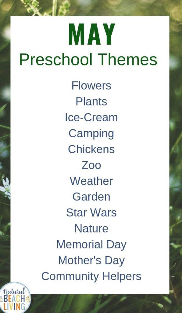 a sign that says may preschool themes flowers plants ice cream chickens weather garden star wars memorial day community helpers