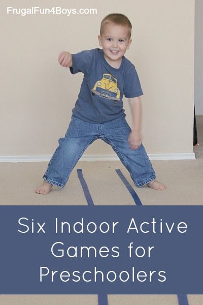 a young boy is standing on the floor with his hands in the air, and text overlay reads six indoor active games for preschoolers