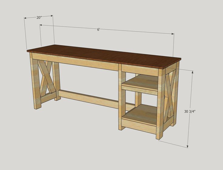 a wooden desk with measurements for the top and bottom section, including two shelves on each side