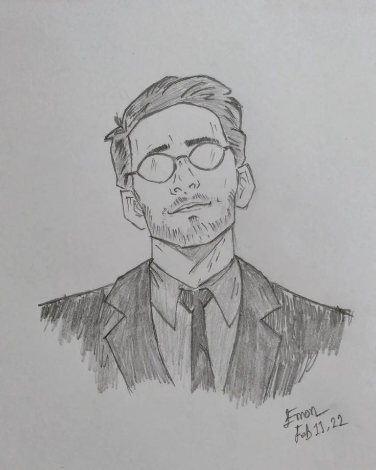 a drawing of a man wearing glasses and a suit