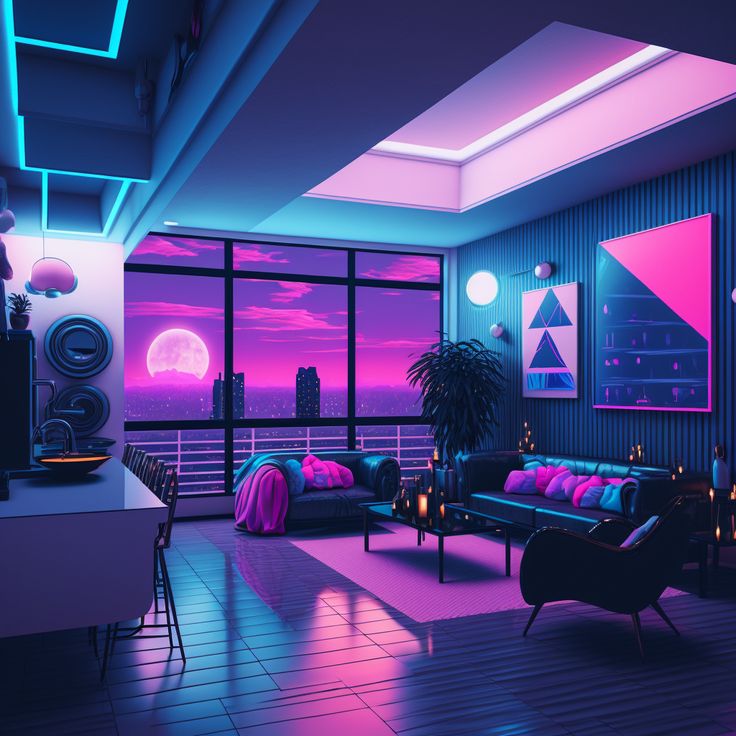 a living room filled with furniture next to a window covered in pink and blue lights