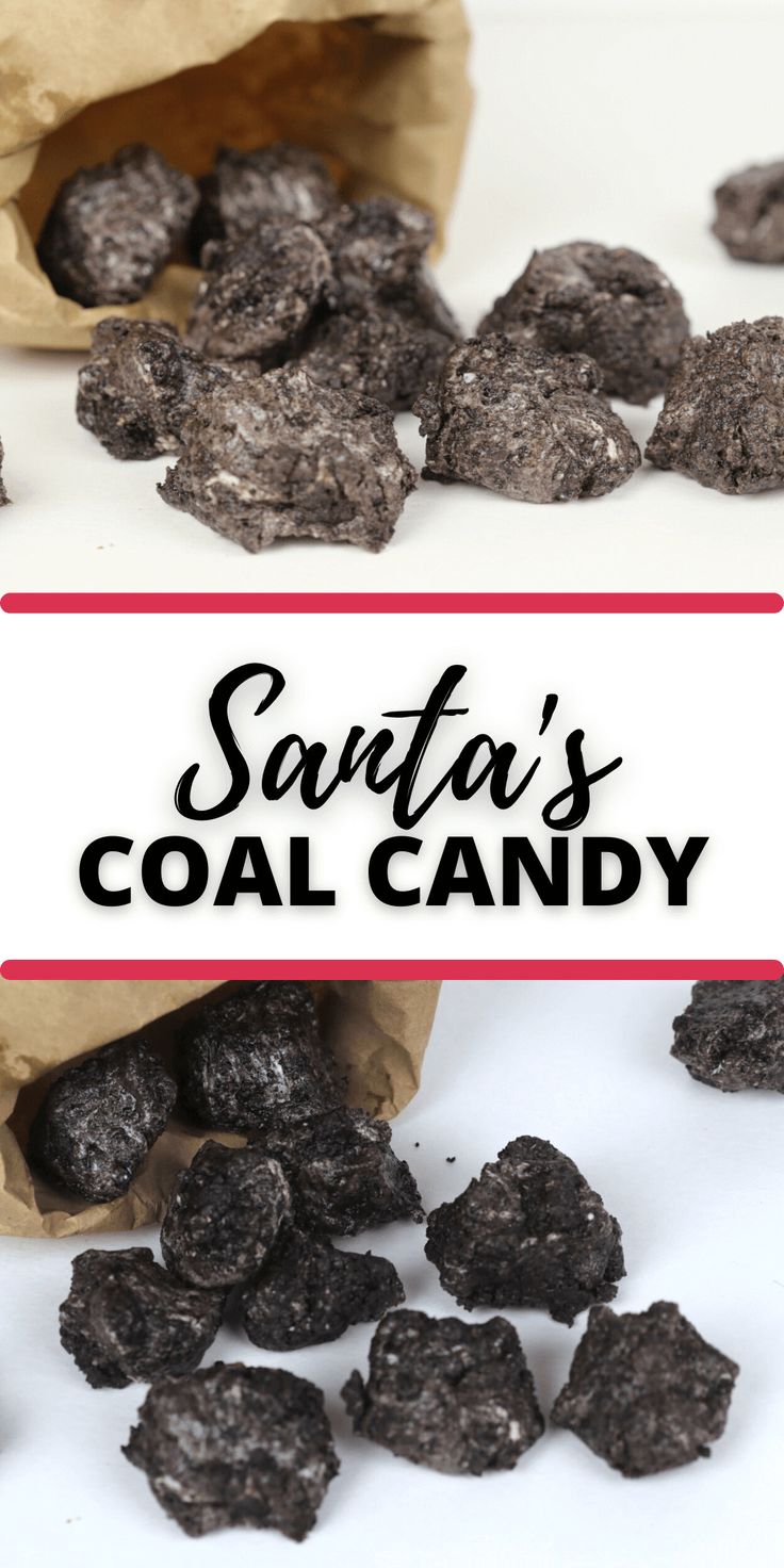 a bag full of coal candy sitting on top of a white table with the words santa's coal candy