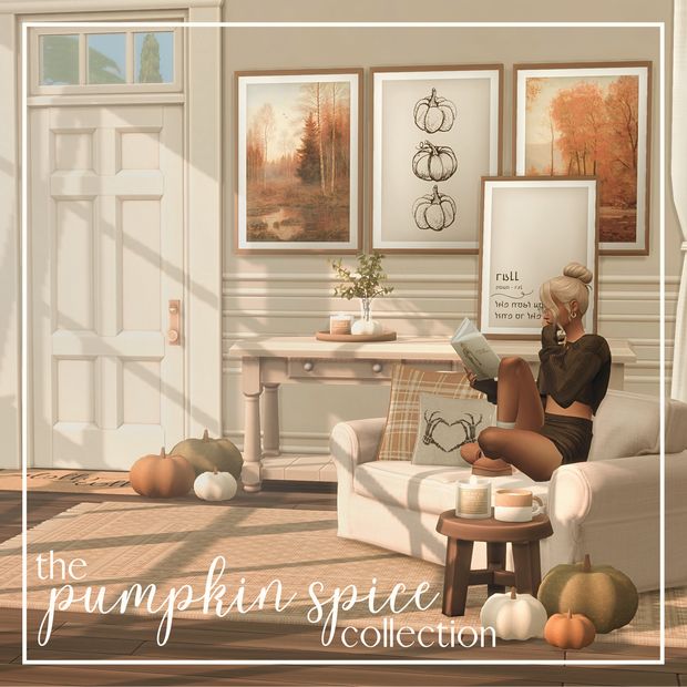 a woman sitting on a couch reading a book in a living room filled with pumpkins