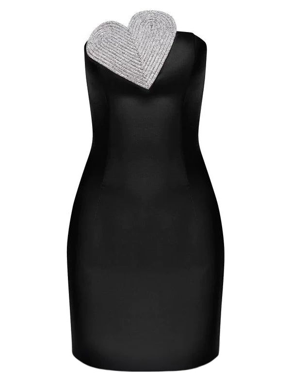 Strapless dress features a heart-shaped appliqué detail at front Elegant Sleeveless Dress With Sweetheart Neckline For Night Out, Glamorous Mini Sleeveless Evening Dress, Strapless Embellished Cocktail Bodycon Dress, Strapless Embellished Bodycon Cocktail Dress, Glamorous Strapless Sleeveless Dress For Evening, Glamorous Strapless Sleeveless Evening Dress, Strapless Embellished Bodycon Dress, Embellished Mini Dress With Sweetheart Neckline For Cocktail, Elegant Sleeveless Mini Dress With Sequins