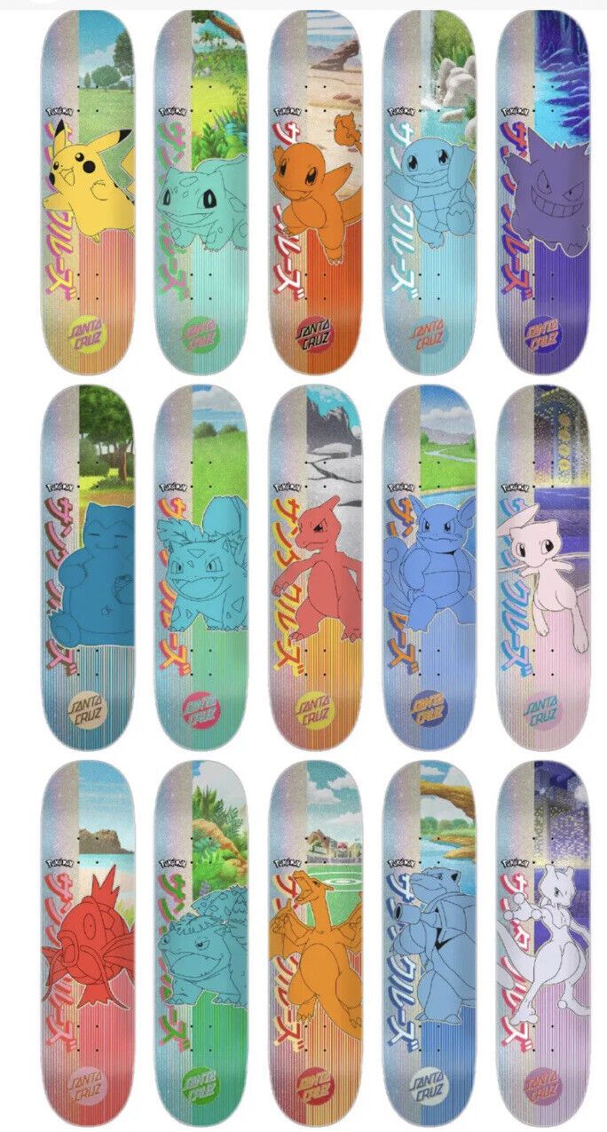 many skateboards with different designs on them