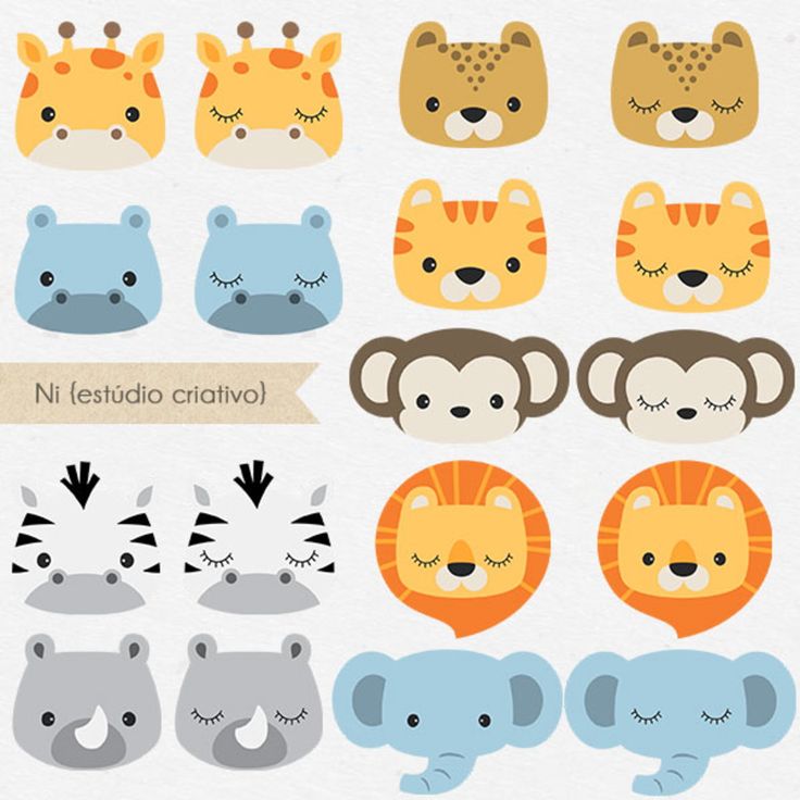 an animal clipart set with different types of animals and their faces in various colors