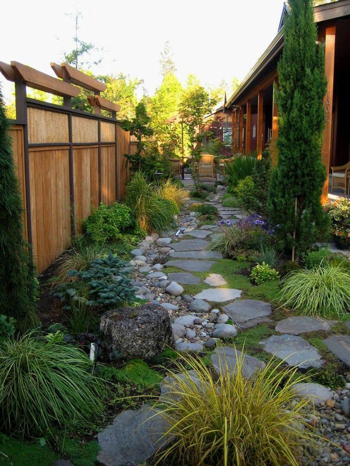 a garden with rocks and plants in it