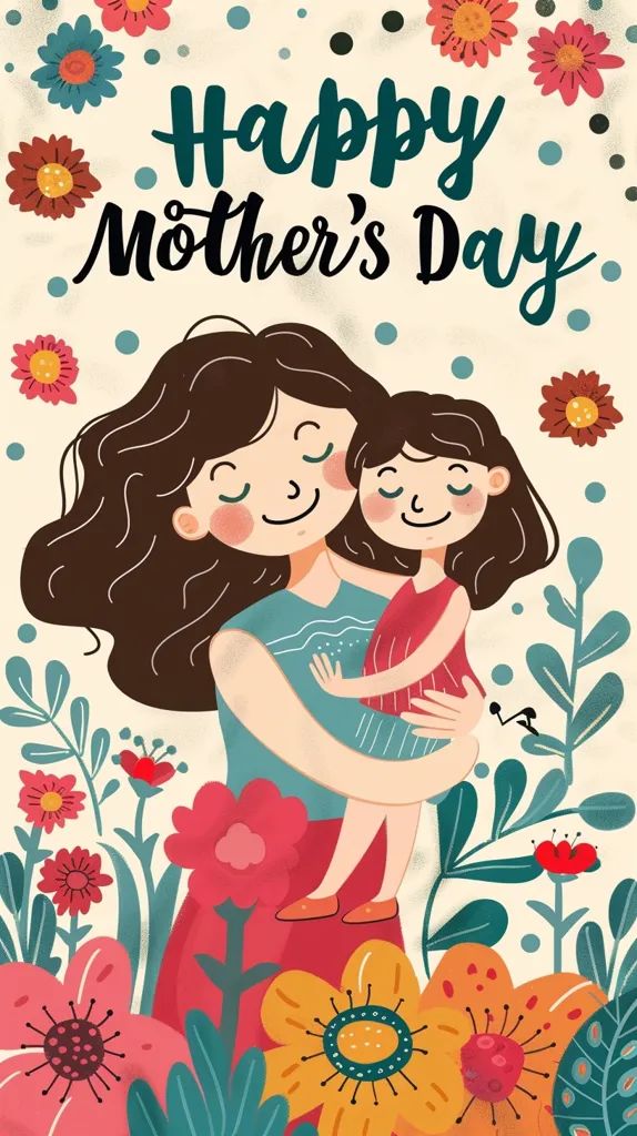 a mother's day card with two women hugging each other and flowers in the background