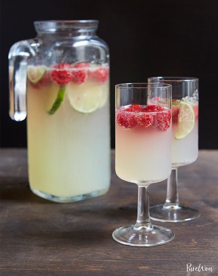 two glasses filled with lemonade and raspberry punch