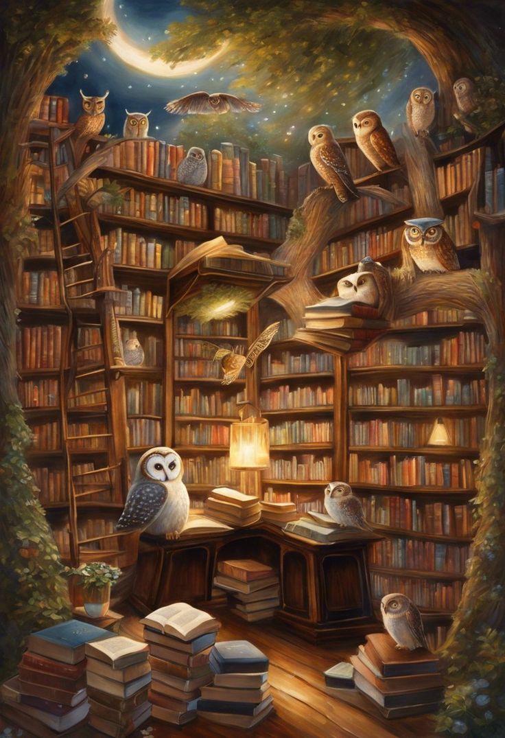 an owl sitting on top of a bookshelf filled with lots of books and owls