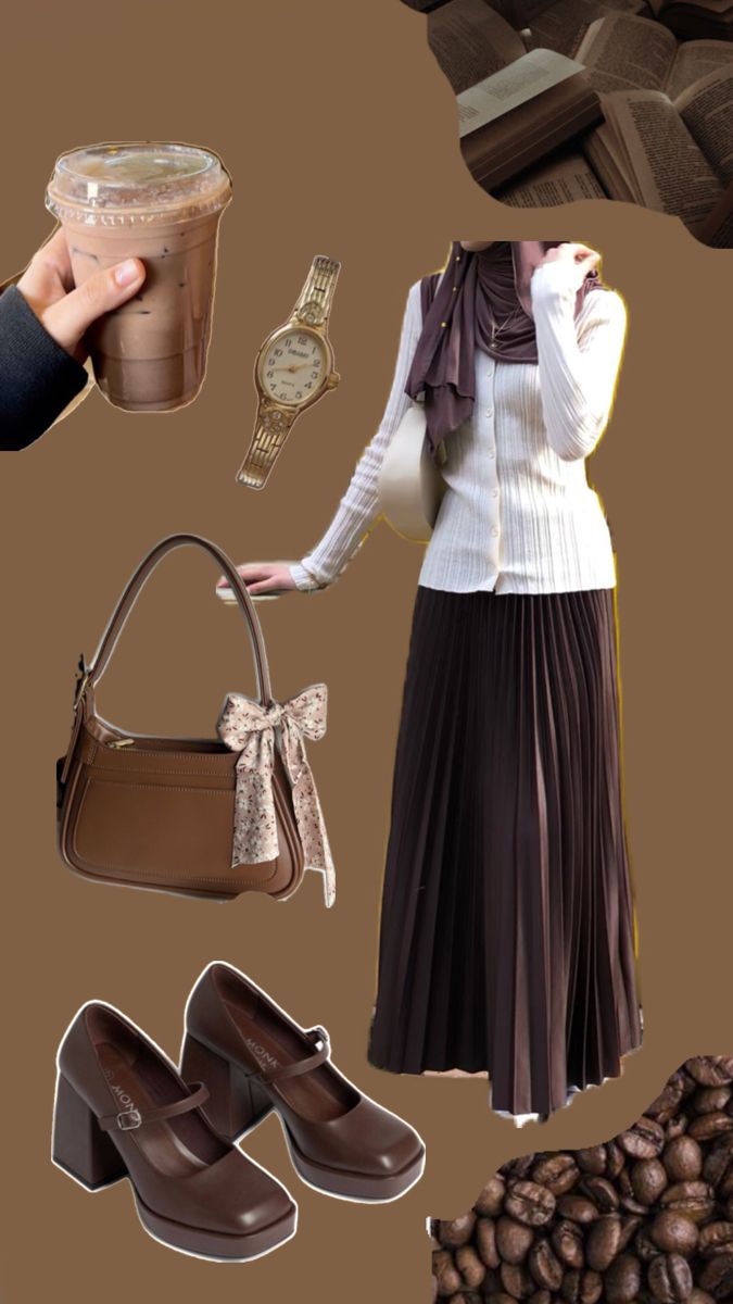 #brown #brownoutfit #outfitinspo #beige #collage #myfirstshuffle #hijabioutfitinspo Yellow And Brown Outfits, Beige And Brown Outfit Ideas, Brown And Yellow Outfit, Long Brown Skirt Outfit, Beige Collage, Islamic Aesthetics, Brown Hijab, Hijab Fits, Muslimah Fashion Casual