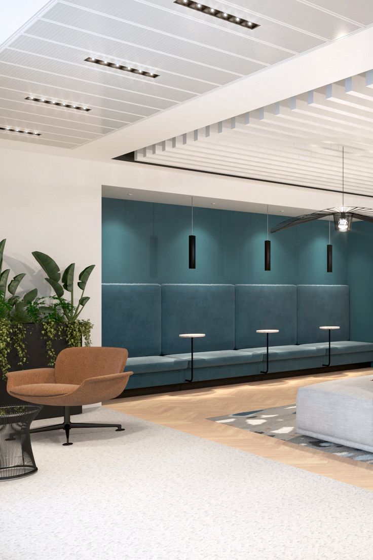 an office lobby with blue walls and white carpeted flooring, two couches on either side of the room