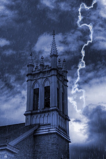 a lightning bolt is seen in the sky above a church steeple as it rains