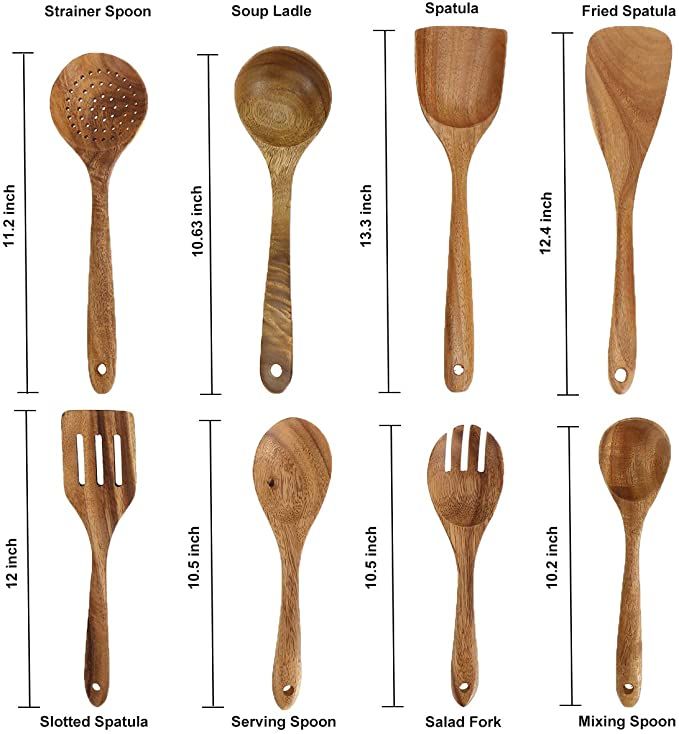 wooden utensils and spoons are shown with measurements for each item in the image