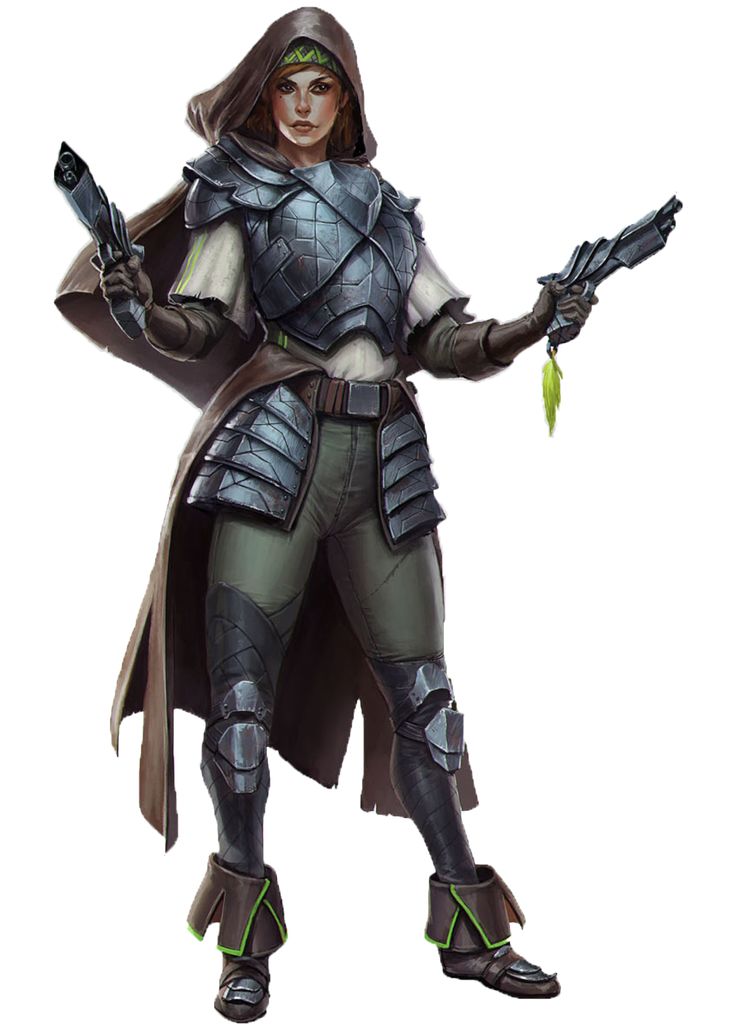 a woman dressed in armor and holding a green leaf with one hand, while standing next to