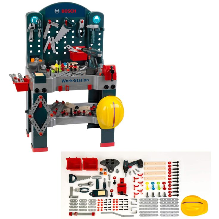 a toy set with tools and construction equipment