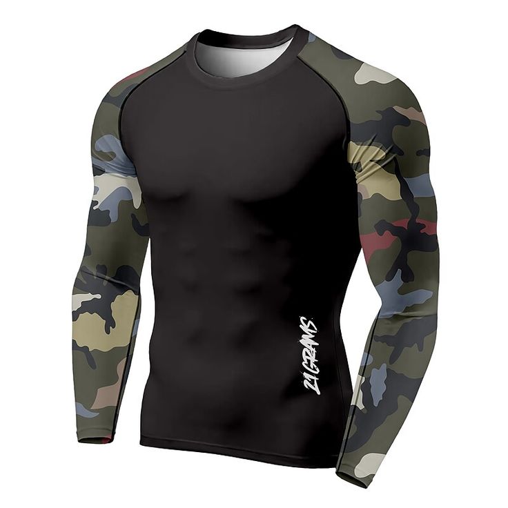 Black Men's Compression Shirt Running Shirt 3d Print Long Sleeve Base Layer Athletic Athleisure Spandex Breathable Quick Dry Moisture Wicking Fitness Gym Workout Running Sportswear Activewear Camo High Stretch Letter Print Sports Tops, Black Stretch Top For Outdoor, Casual Black Crew Neck Rash Guard, Outdoor Sportswear Tops With Letter Print, Black Athletic Fit Top For Outdoor, Black Tops For Outdoor Sports Season, Black Outdoor Tops For Sports, High Stretch Activewear With Letter Print For Sports, Black Long Sleeve Sports Rash Guard