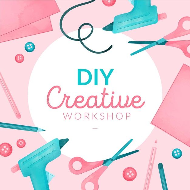 the words diy creative workshop are surrounded by sewing supplies and scissors on a pink background